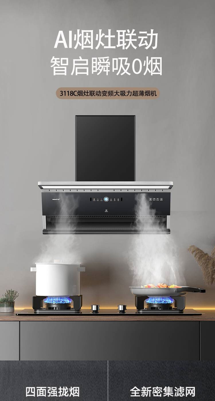 3118C烟灶联动变频大吸力 超薄烟机(图1)